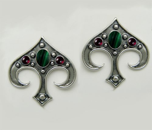 Sterling Silver Gothic Inspired Drop Dangle Earrings With Malachite And Garnet